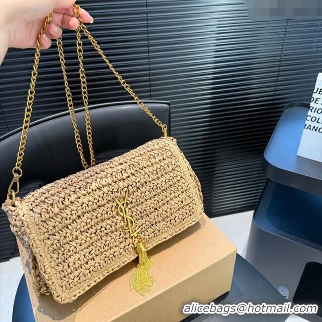 Promotional Saint Laurent Kate Medium Chain Bag in Straw with Tassel 0723 Khaki 2025
