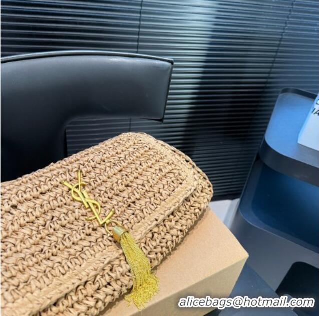 Promotional Saint Laurent Kate Medium Chain Bag in Straw with Tassel 0723 Khaki 2025