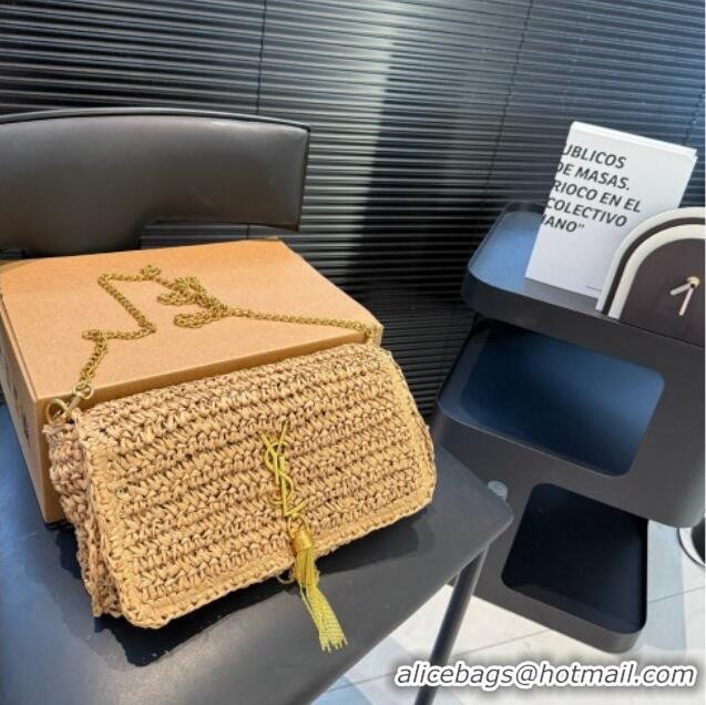Promotional Saint Laurent Kate Medium Chain Bag in Straw with Tassel 0723 Khaki 2025