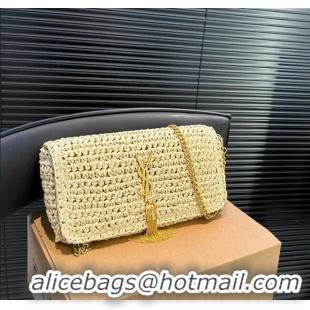 Good Looking Saint Laurent Kate Medium Chain Bag in Straw with Tassel 0723 Beige 2025