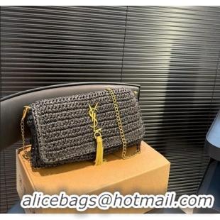 Big Discount Saint Laurent Kate Medium Chain Bag in Straw with Tassel 0723 Black 2025