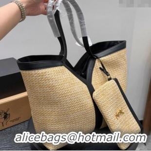 Top Quality Saint Laurent Y Tote Bag in Straw 817602 Beige/Black 2025