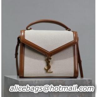 Best Quality Saint Laurent Cassandra Top Handle Medium Bag in Cotton Linen and Leather 578000 Brown 2025