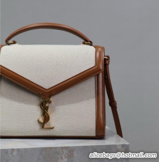 Best Quality Saint Laurent Cassandra Top Handle Medium Bag in Cotton Linen and Leather 578000 Brown 2025