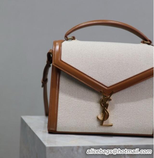 Best Quality Saint Laurent Cassandra Top Handle Medium Bag in Cotton Linen and Leather 578000 Brown 2025