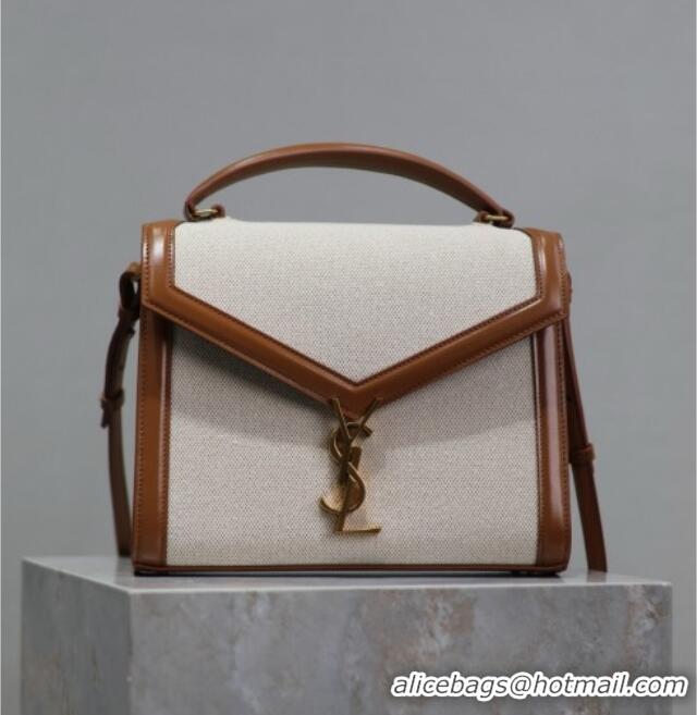 Best Quality Saint Laurent Cassandra Top Handle Medium Bag in Cotton Linen and Leather 578000 Brown 2025