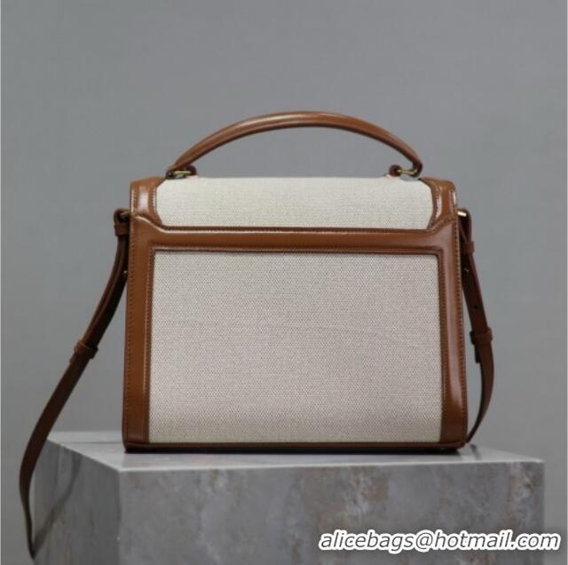 Best Quality Saint Laurent Cassandra Top Handle Medium Bag in Cotton Linen and Leather 578000 Brown 2025