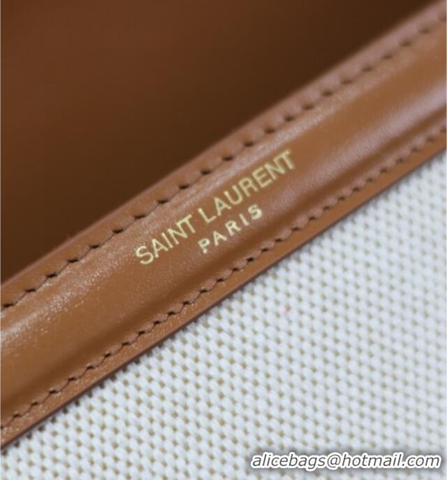 Best Quality Saint Laurent Cassandra Top Handle Medium Bag in Cotton Linen and Leather 578000 Brown 2025