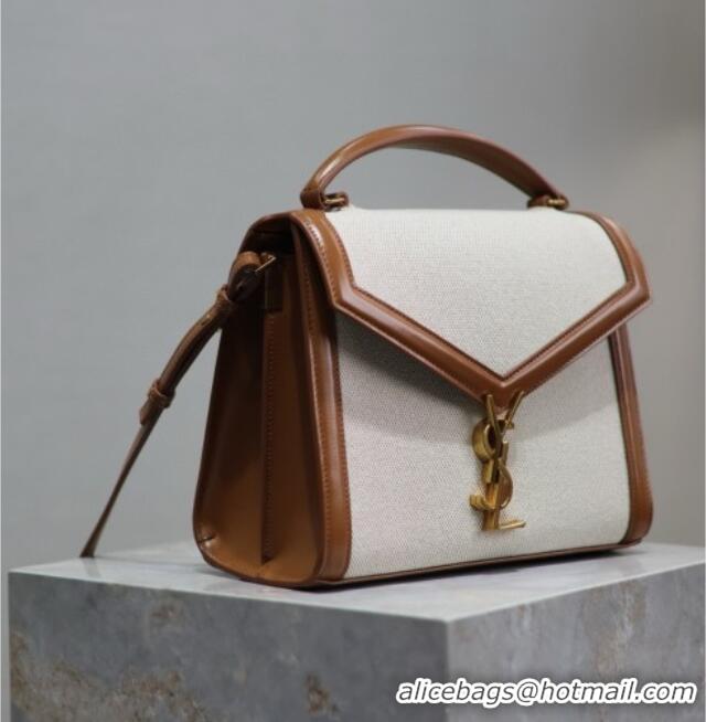 Best Quality Saint Laurent Cassandra Top Handle Medium Bag in Cotton Linen and Leather 578000 Brown 2025
