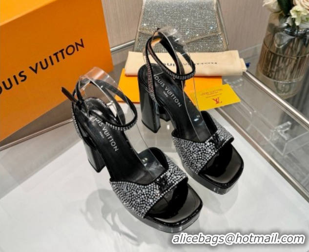 Luxurious Louis Vuitton Swing Platform Sandals 11cm in Suede and Strass Black/Crystal 1AICSA 1219122