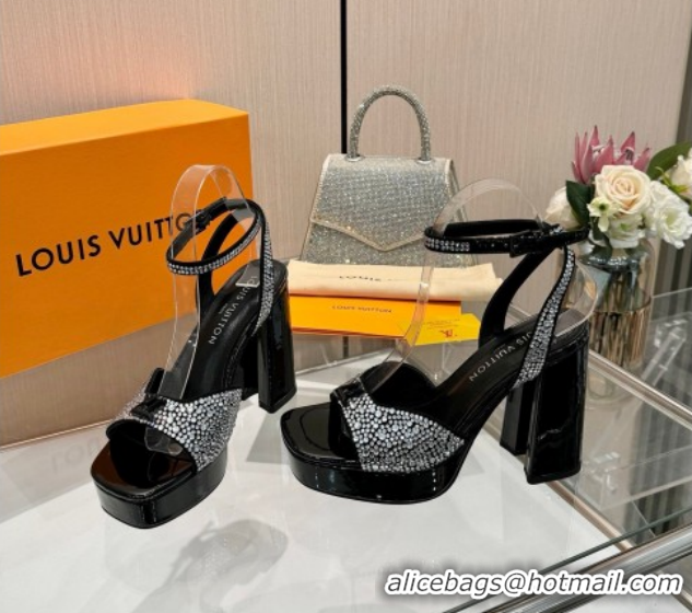 Luxurious Louis Vuitton Swing Platform Sandals 11cm in Suede and Strass Black/Crystal 1AICSA 1219122