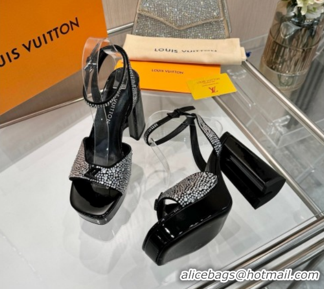 Luxurious Louis Vuitton Swing Platform Sandals 11cm in Suede and Strass Black/Crystal 1AICSA 1219122