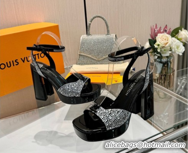 Luxurious Louis Vuitton Swing Platform Sandals 11cm in Suede and Strass Black/Crystal 1AICSA 1219122