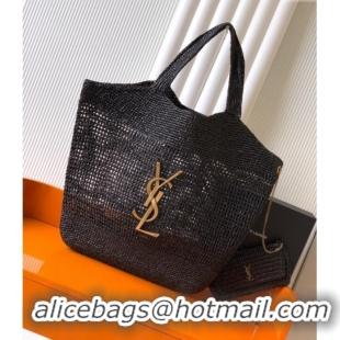Famous Brand Saint Laurent Icare Tote Bag in Raffia Straw 772191 Black 2025