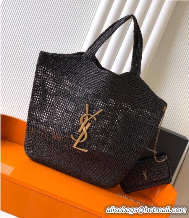 Famous Brand Saint Laurent Icare Tote Bag in Raffia Straw 772191 Black 2025
