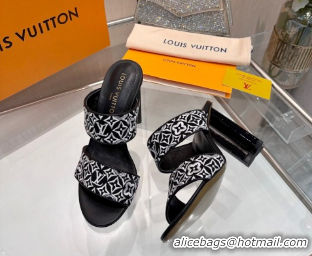 Top Grade Louis Vuitton Silhouette Heel Slides Sandal 10cm in Monogram Embroidery Black LV121901 1219126