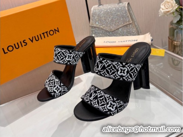 Top Grade Louis Vuitton Silhouette Heel Slides Sandal 10cm in Monogram Embroidery Black LV121901 1219126