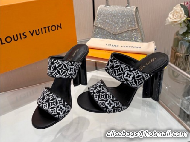 Top Grade Louis Vuitton Silhouette Heel Slides Sandal 10cm in Monogram Embroidery Black LV121901 1219126