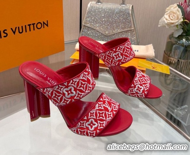 Classic Hot Louis Vuitton Silhouette Heel Slides Sandal 10cm in Monogram Embroidery Red LV121901 1219128