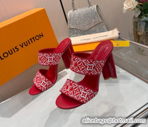 Classic Hot Louis Vuitton Silhouette Heel Slides Sandal 10cm in Monogram Embroidery Red LV121901 1219128