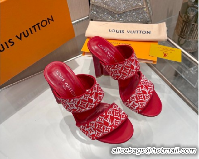 Classic Hot Louis Vuitton Silhouette Heel Slides Sandal 10cm in Monogram Embroidery Red LV121901 1219128