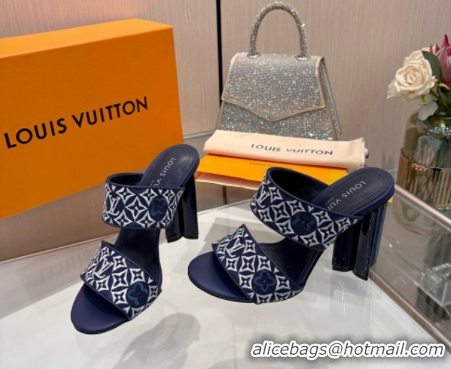 Best Price Louis Vuitton Silhouette Heel Slides Sandal 10cm in Monogram Embroidery Blue LV121901 1219129