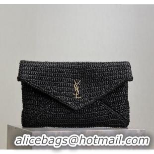 Low Price Saint Laurent Cassander Large Envelope Pouch in Rafia Straw 769307 Black 2025