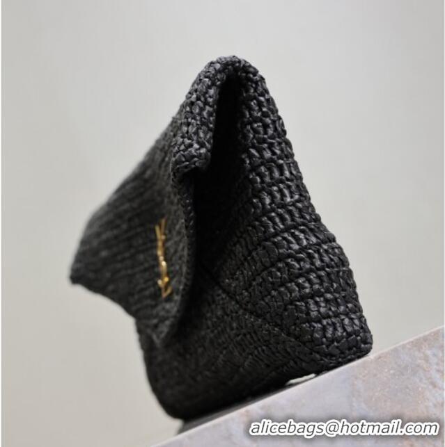 Low Price Saint Laurent Cassander Large Envelope Pouch in Rafia Straw 769307 Black 2025