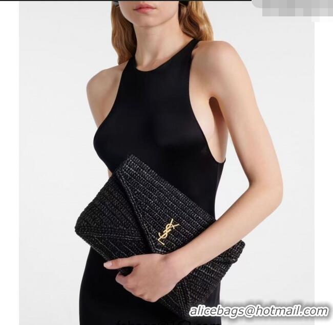 Low Price Saint Laurent Cassander Large Envelope Pouch in Rafia Straw 769307 Black 2025