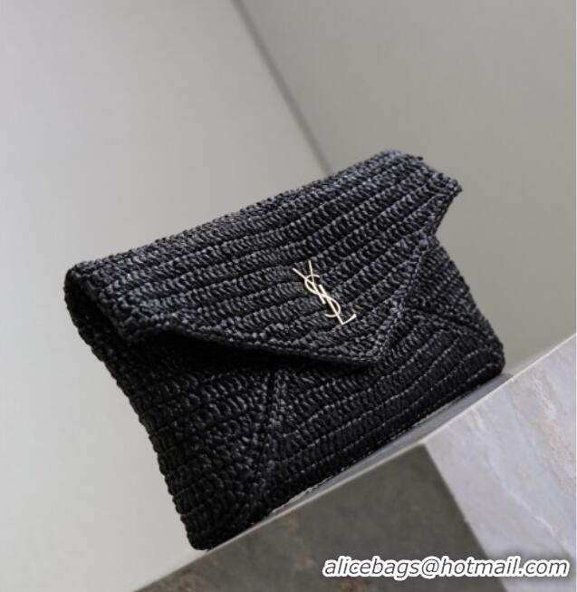 Low Price Saint Laurent Cassander Large Envelope Pouch in Rafia Straw 769307 Black 2025