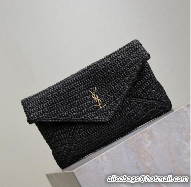 Low Price Saint Laurent Cassander Large Envelope Pouch in Rafia Straw 769307 Black 2025