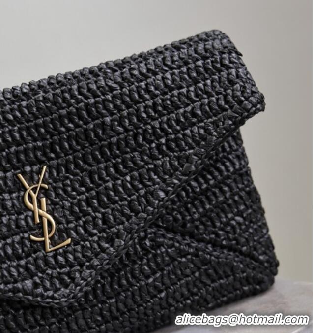 Low Price Saint Laurent Cassander Large Envelope Pouch in Rafia Straw 769307 Black 2025