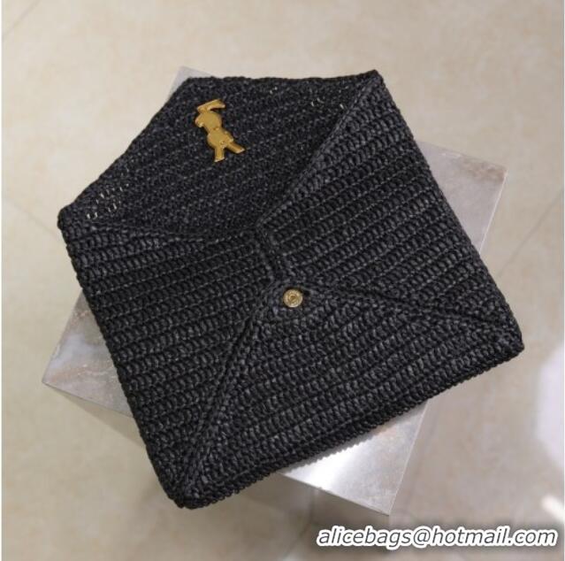 Low Price Saint Laurent Cassander Large Envelope Pouch in Rafia Straw 769307 Black 2025