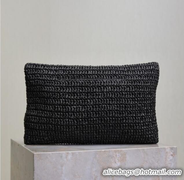 Low Price Saint Laurent Cassander Large Envelope Pouch in Rafia Straw 769307 Black 2025