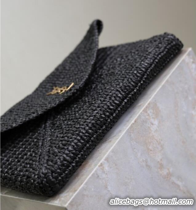 Low Price Saint Laurent Cassander Large Envelope Pouch in Rafia Straw 769307 Black 2025