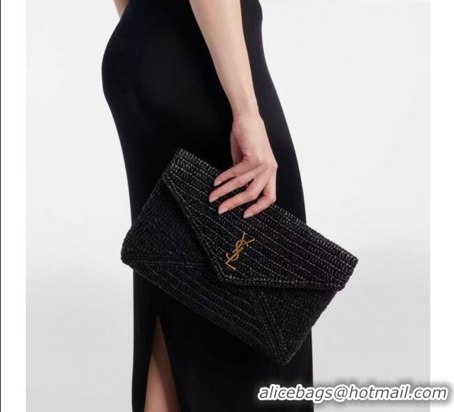 Low Price Saint Laurent Cassander Large Envelope Pouch in Rafia Straw 769307 Black 2025