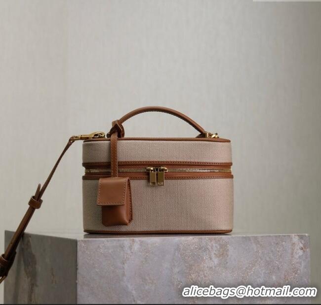 Inexpensive Saint Laurent Gaby Vanity Bag in Cotton Linen and Leather 766731 Brown 2025