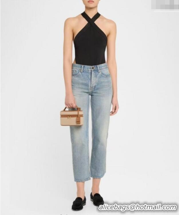 Inexpensive Saint Laurent Gaby Vanity Bag in Cotton Linen and Leather 766731 Brown 2025