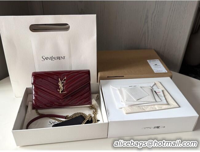 Famous Brand Saint Laurent Cassandre Matelasse Envelope Chain Wallet in Patent Leather 742920 Burgundy 2024 Top Quality