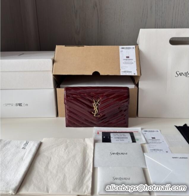 Famous Brand Saint Laurent Cassandre Matelasse Envelope Chain Wallet in Patent Leather 742920 Burgundy 2024 Top Quality
