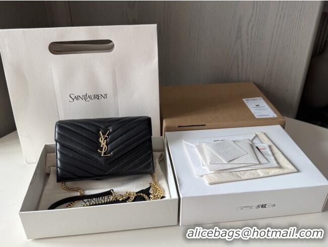 Best Price Saint Laurent Cassandre Matelasse Envelope Chain Wallet in Lambskin 742920 Black 2024 Top Quality