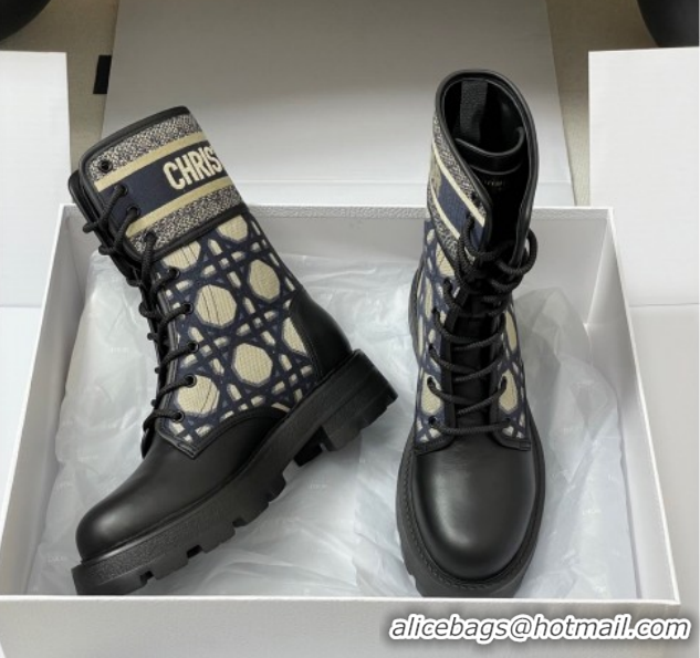 Purchase Dior D-Major Ankle Boots 4.5cm in Black Calfskin with Beige Embroidered Cannage Cotton 1029009