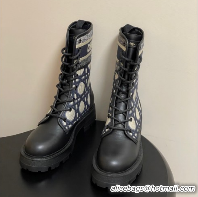 Purchase Dior D-Major Ankle Boots 4.5cm in Black Calfskin with Beige Embroidered Cannage Cotton 1029009