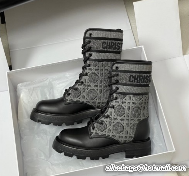 Best Product Dior D-Major Ankle Boots 4.5cm in Black Calfskin with Grey Embroidered Cannage Cotton 1029010