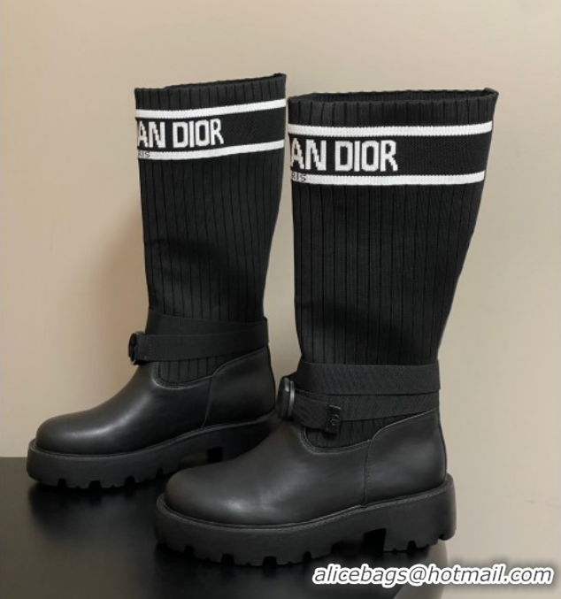 Pretty Style Dior D-Major High Boots in Black Calfskin with Black and White Technical Knit 1029011