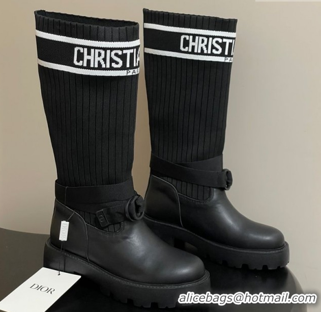 Pretty Style Dior D-Major High Boots in Black Calfskin with Black and White Technical Knit 1029011