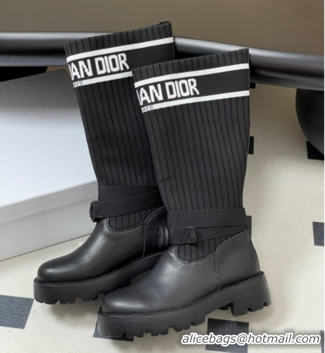 Pretty Style Dior D-Major High Boots in Black Calfskin with Black and White Technical Knit 1029011