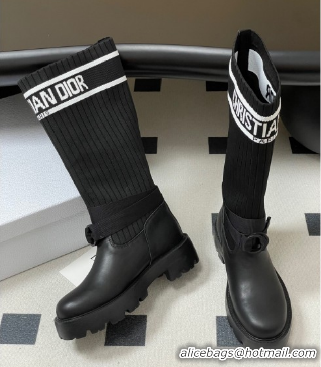 Pretty Style Dior D-Major High Boots in Black Calfskin with Black and White Technical Knit 1029011