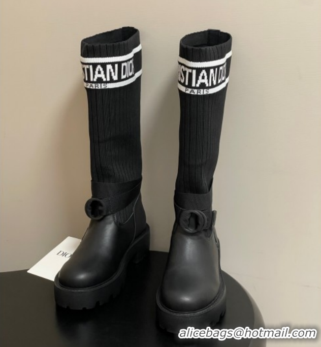 Pretty Style Dior D-Major High Boots in Black Calfskin with Black and White Technical Knit 1029011