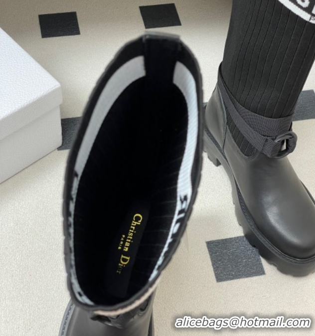 Pretty Style Dior D-Major High Boots in Black Calfskin with Black and White Technical Knit 1029011